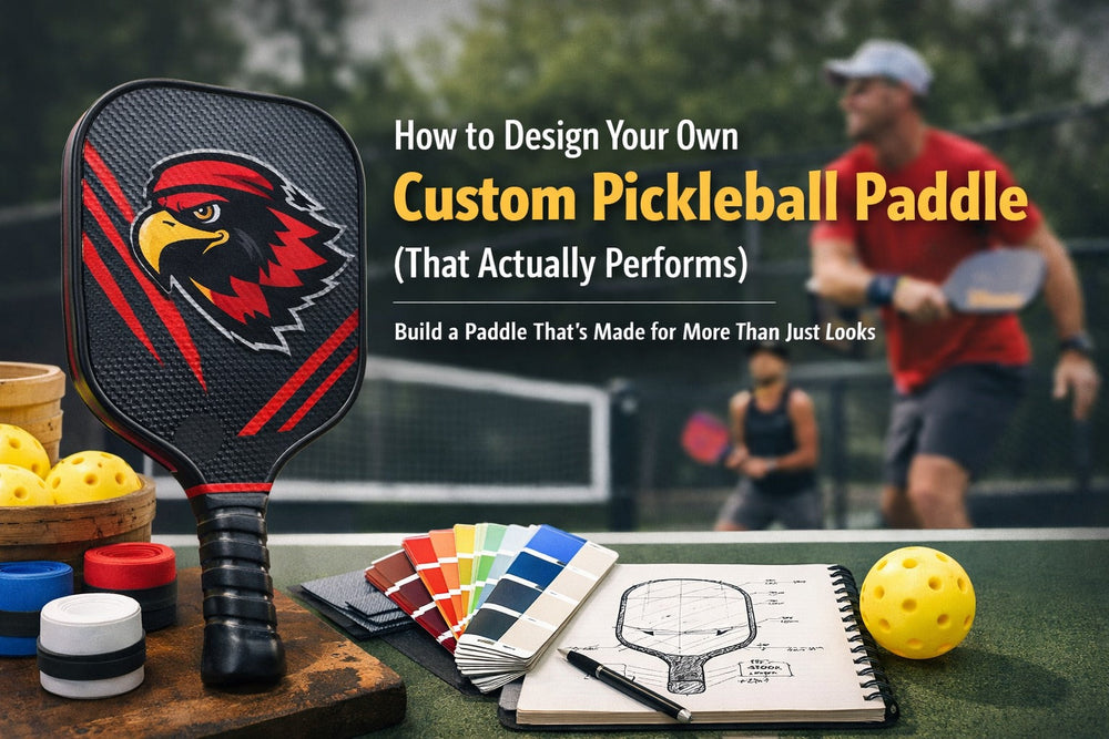 Custom pickleball paddle design with pro play focus – design tools and paddle sketch with color swatches