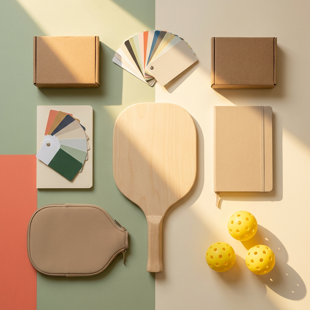 Flat-lay of a pickleball paddle brand launch kit: a blank paddle, colour swatch fans, a notebook, shipping boxes, a paddle cover and three pickleballs