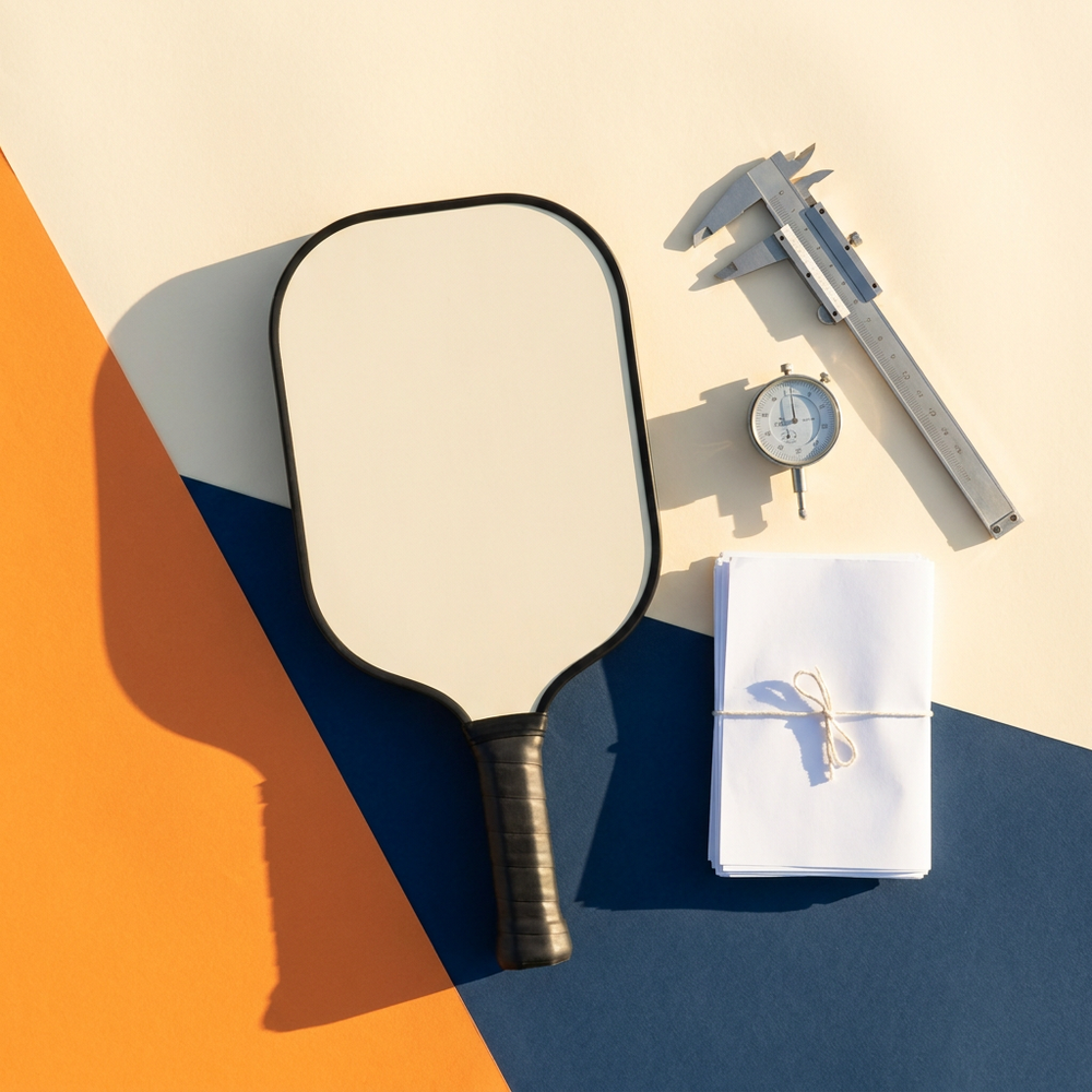 Pickleball paddle laid out beside a caliper, dial gauge and a bundle of paperwork, representing the paddle certification process
