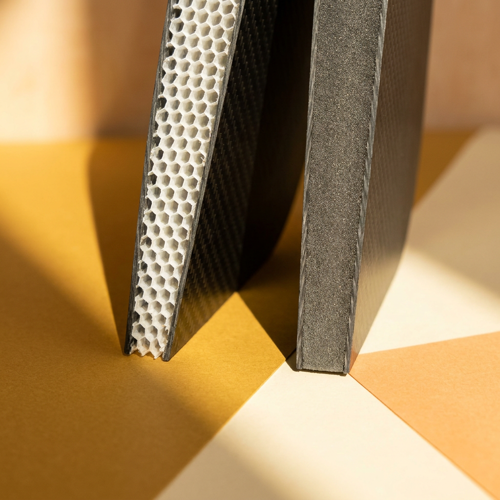 Two pickleball paddle cross-sections standing upright, a white honeycomb lattice core beside a solid foam core, both between carbon skins