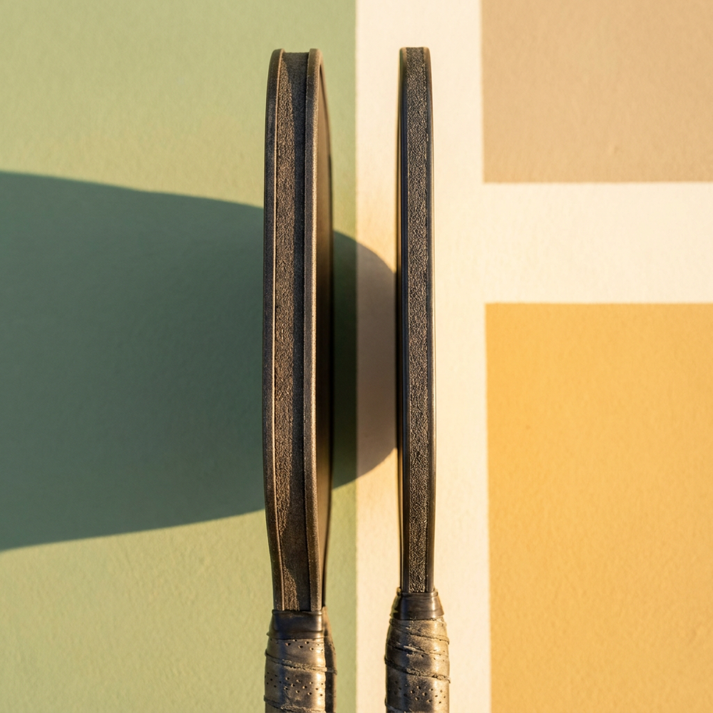 Two pickleball paddles standing edge on side by side so the difference in core thickness is visible