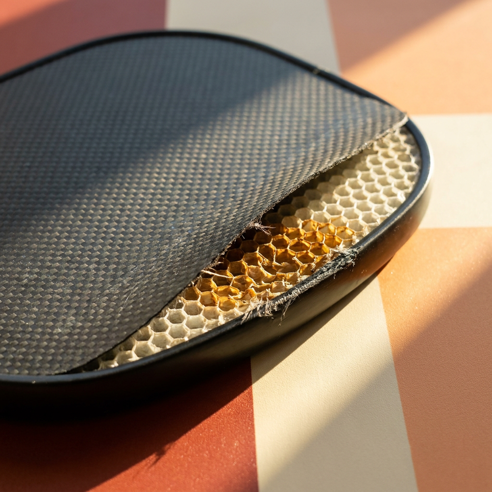 Pickleball paddle with the carbon face partly lifted away from the honeycomb core beneath, showing delamination