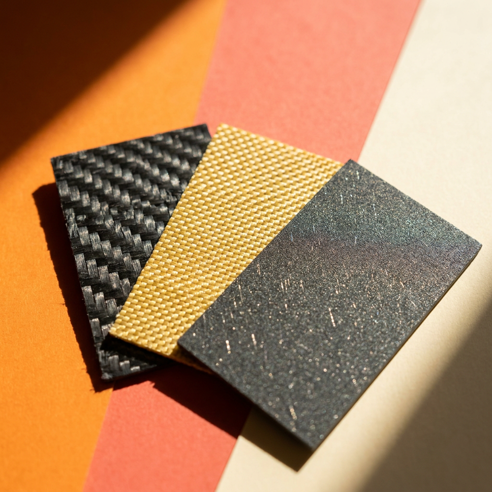 Three pickleball paddle face material swatches fanned out: woven carbon fibre, golden aramid and titanium flecked composite