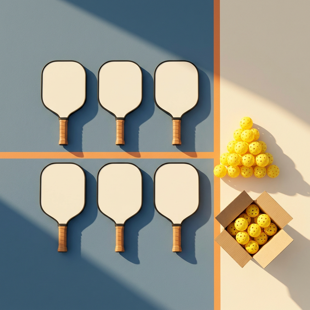 Flat-lay of a production run: two rows of blank pickleball paddles beside a pyramid of yellow pickleballs and an open shipping box