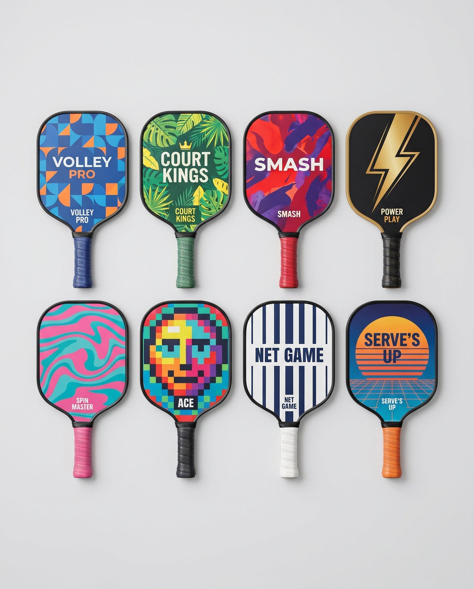 A range of custom-printed pickleball paddles