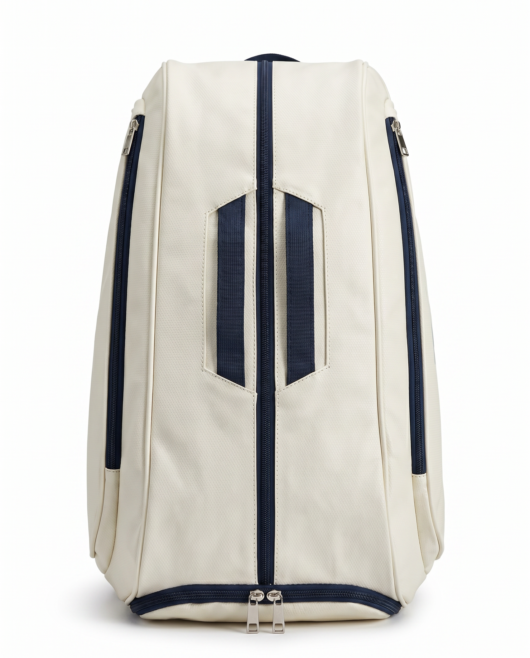 An off-white backpack with navy blue accents, including a vertical center zipper, side zipper pulls, and a top handle, shown against a plain white background.
