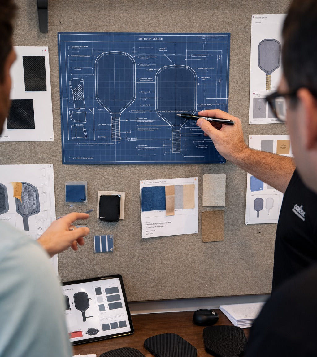 Two people discussing pickleball paddle  blueprints and samples on a cork board.