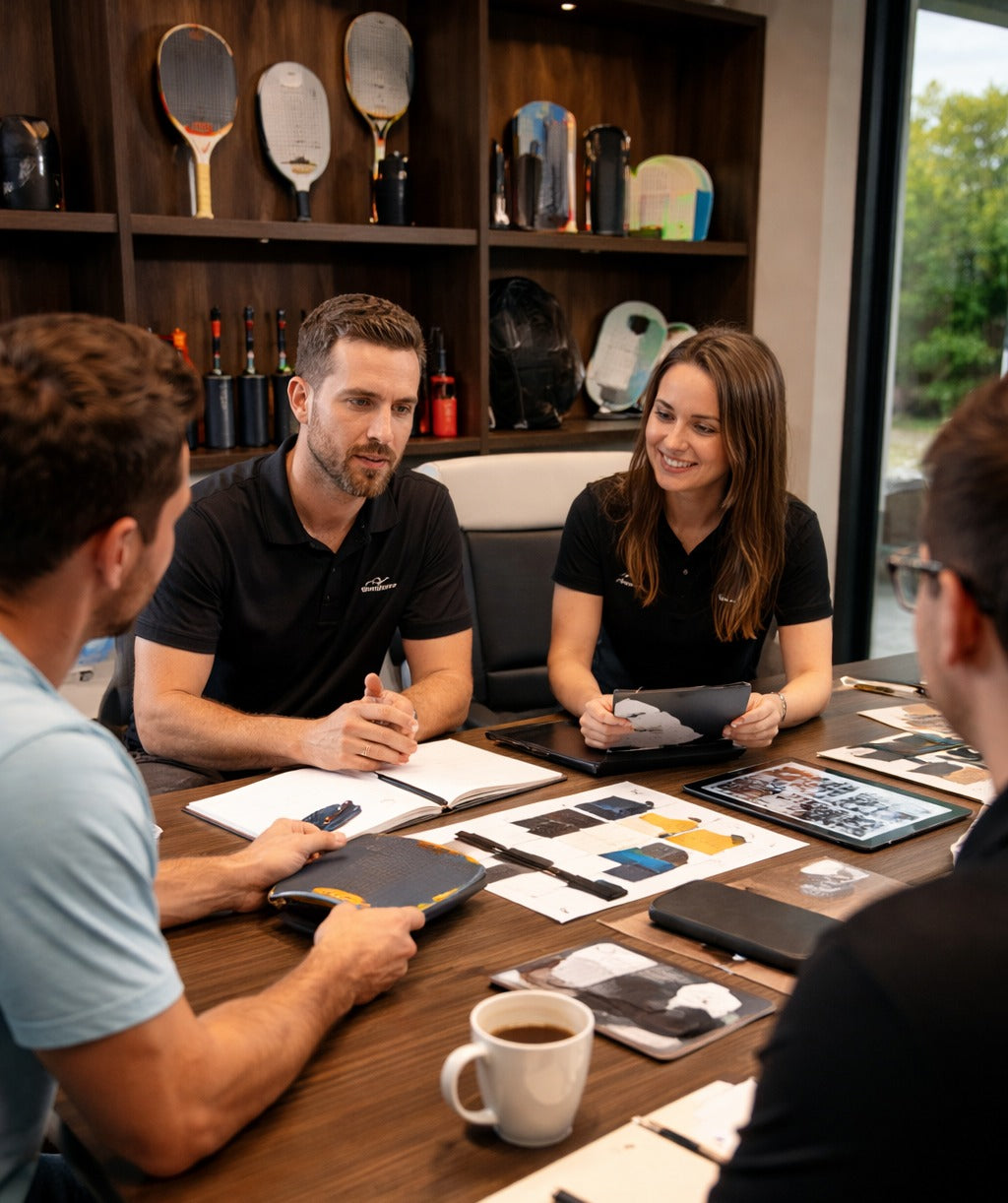 Group of people in a meeting around a table with various items including a coffee cup.
