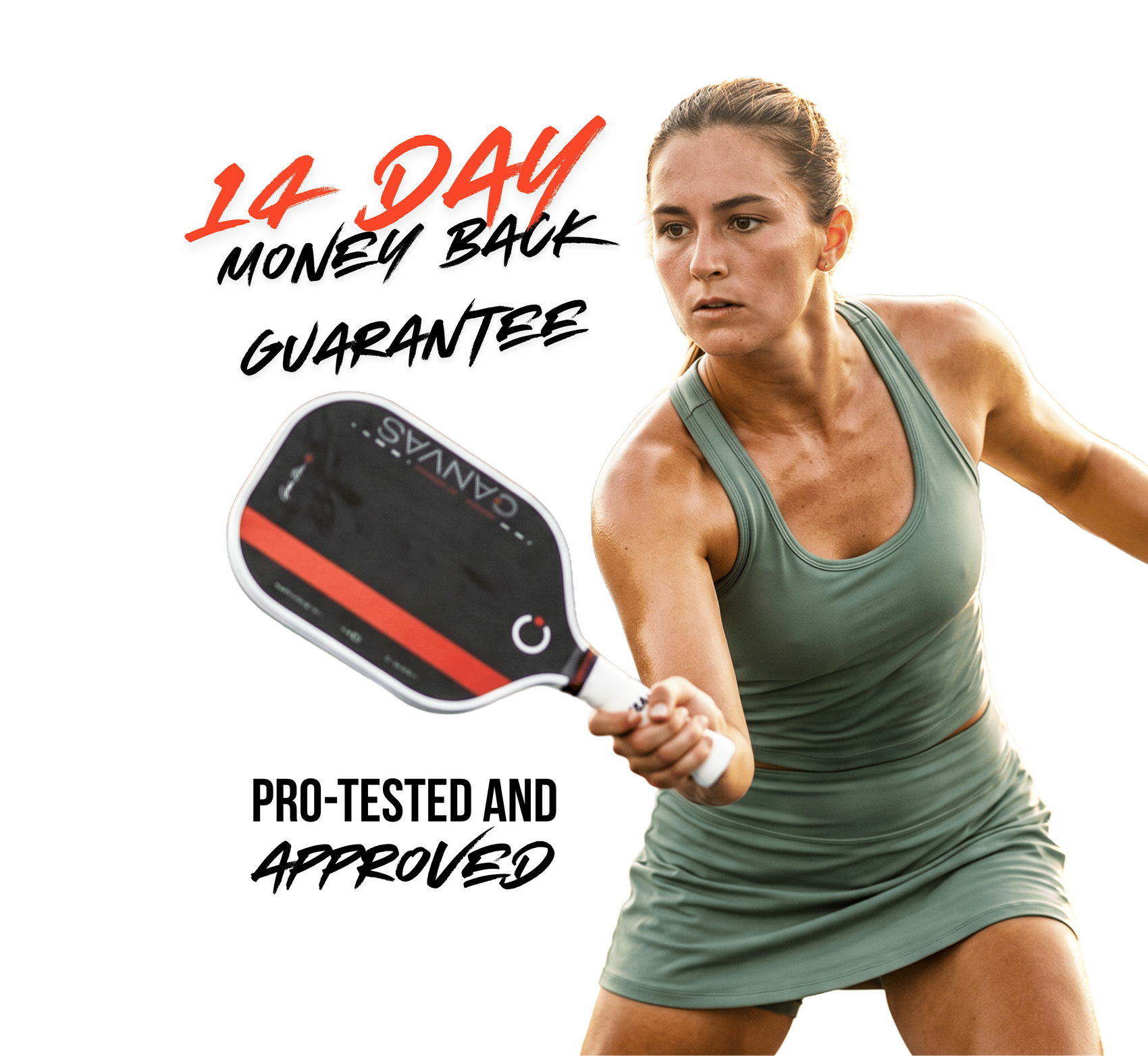 Woman playing pickleball with promotional text about a 14-day money-back guarantee and pro-tested product.