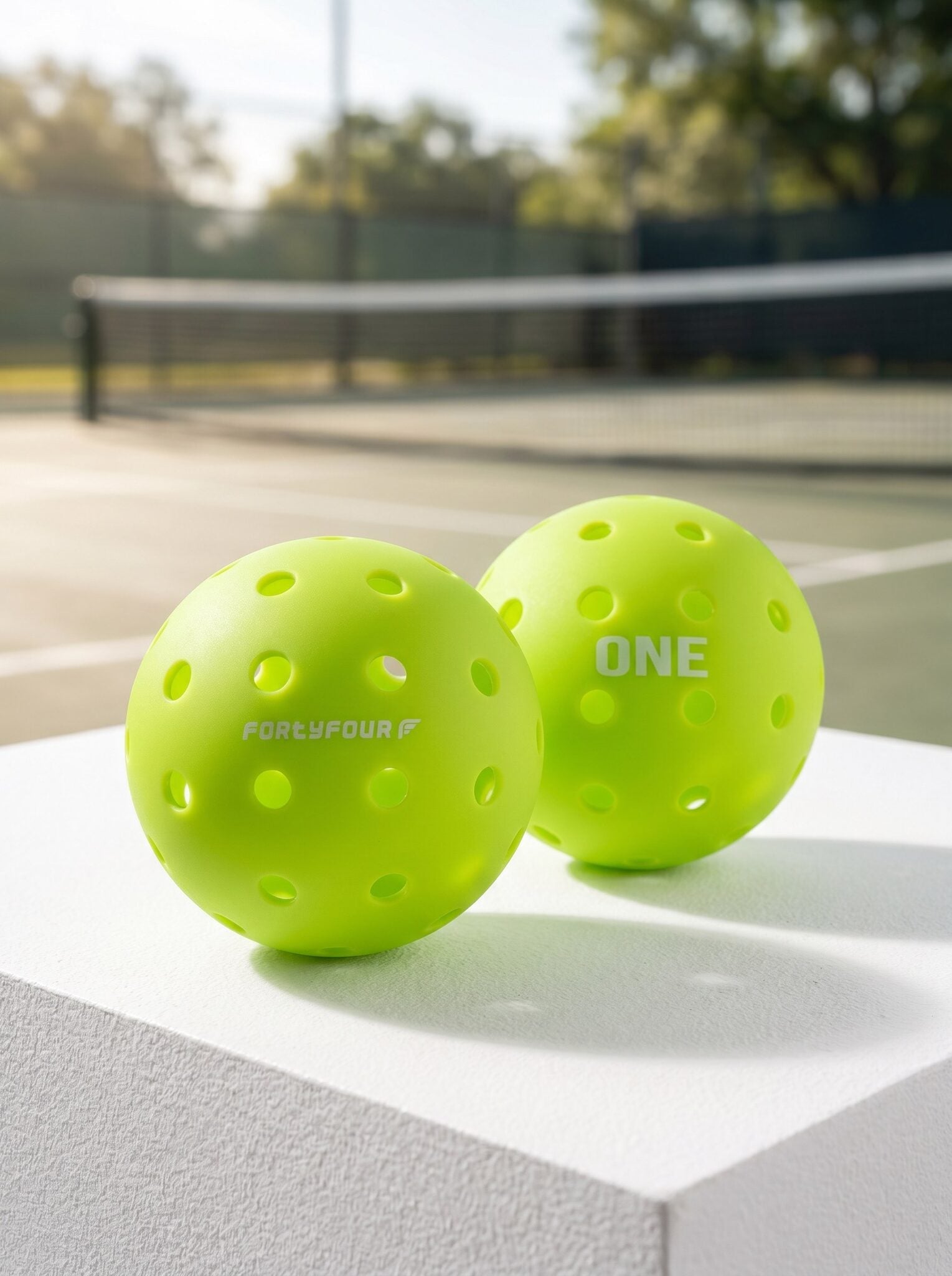 Custom branded pickleballs on a court