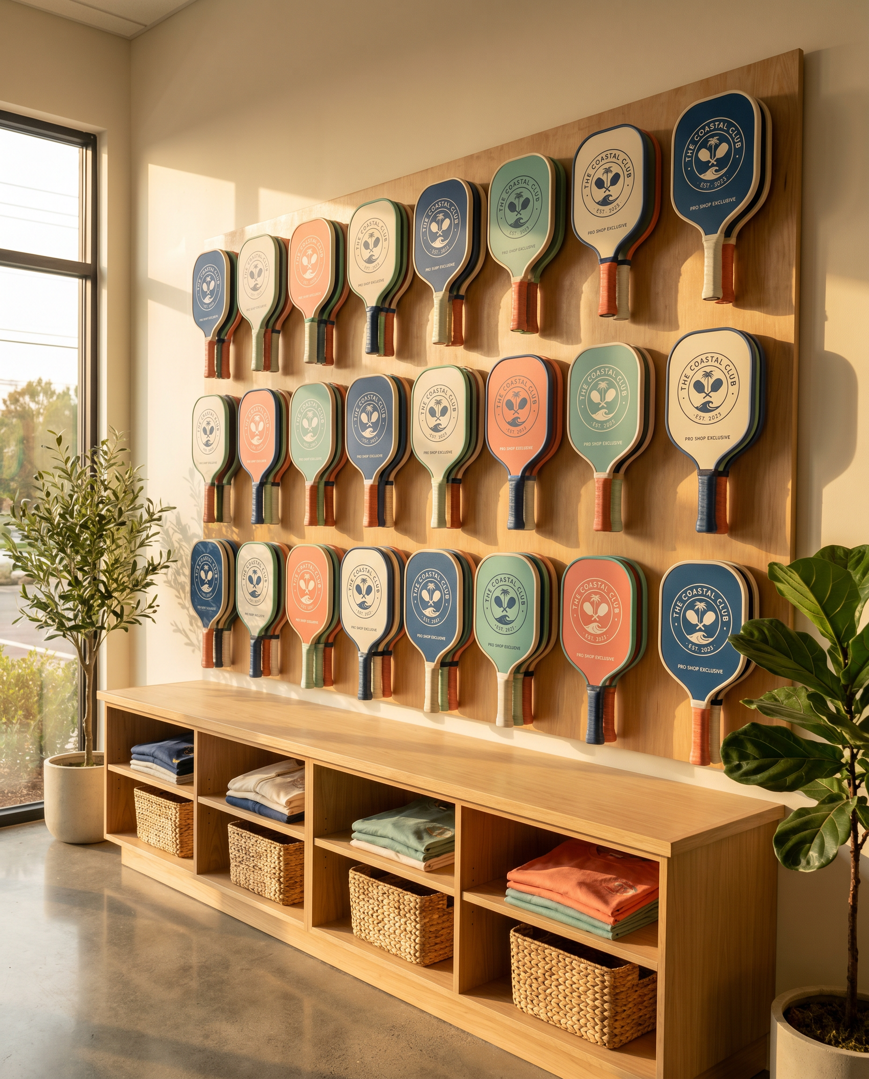 Custom paddles on a club pro-shop wall