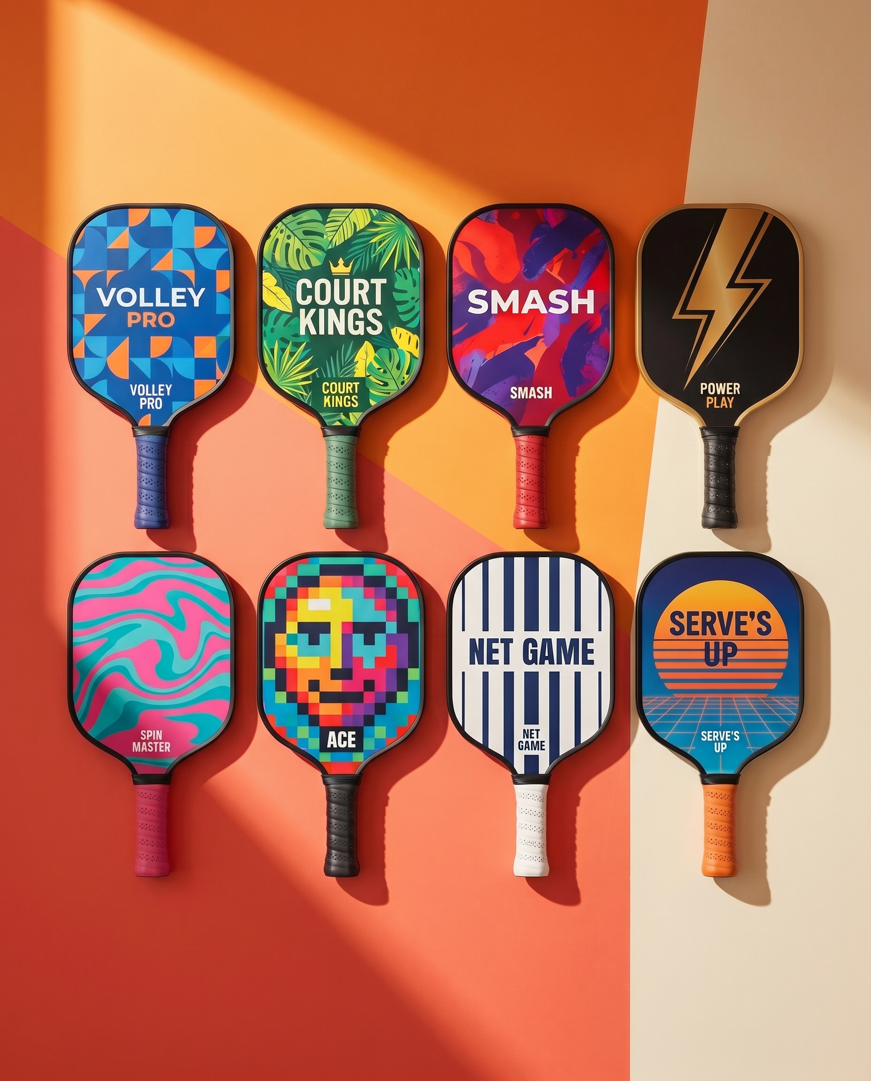 Grid of custom-designed pickleball paddles