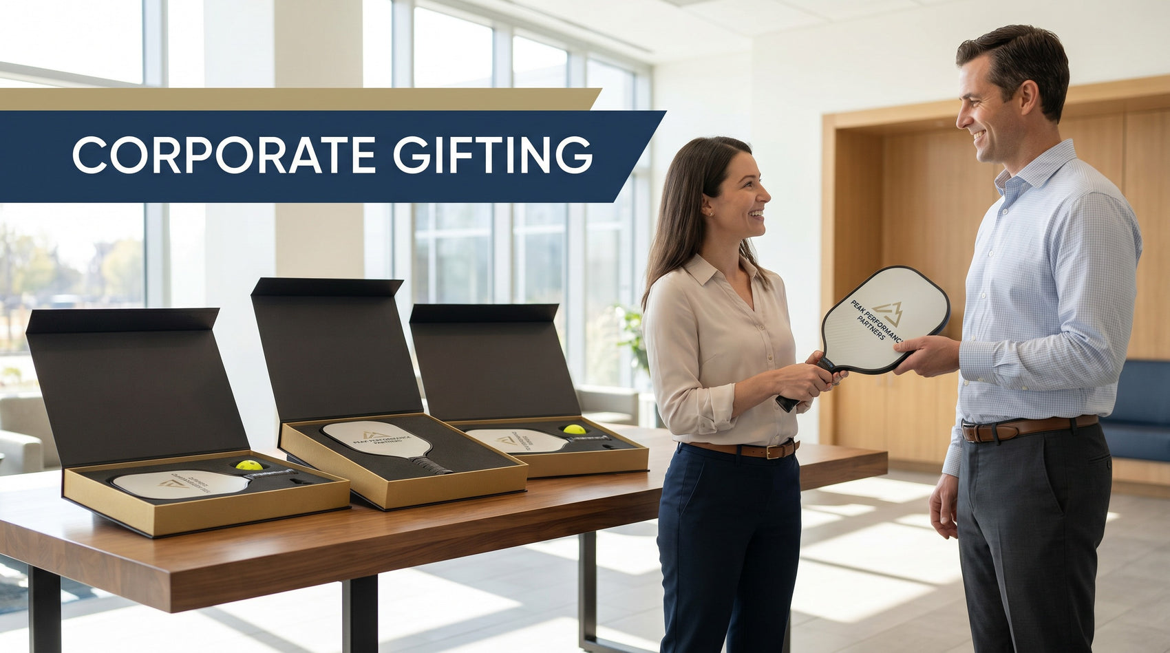 Corporate gifting, branded pickleball paddles in gift boxes exchanged in an office