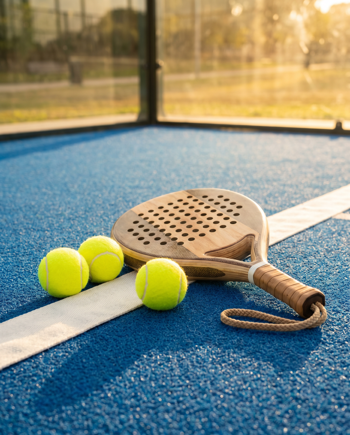 Three padel balls and a padel paddle on a court