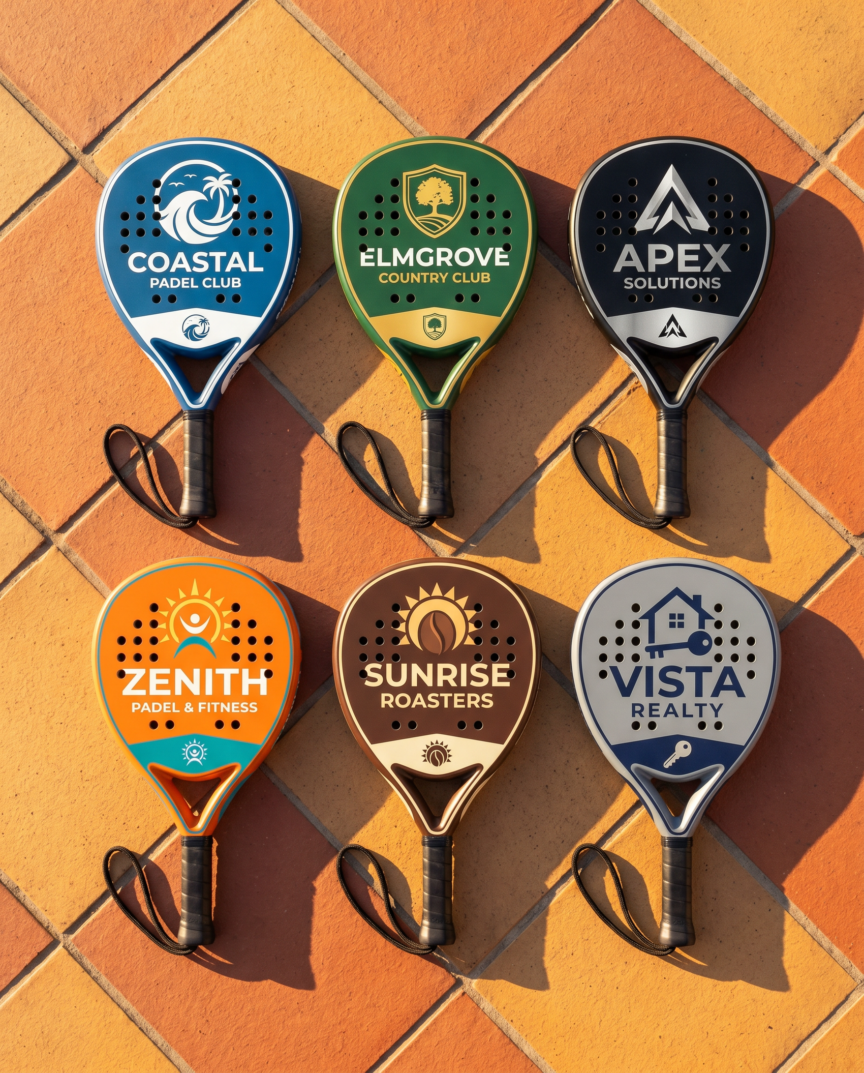 Six branded custom padel paddles