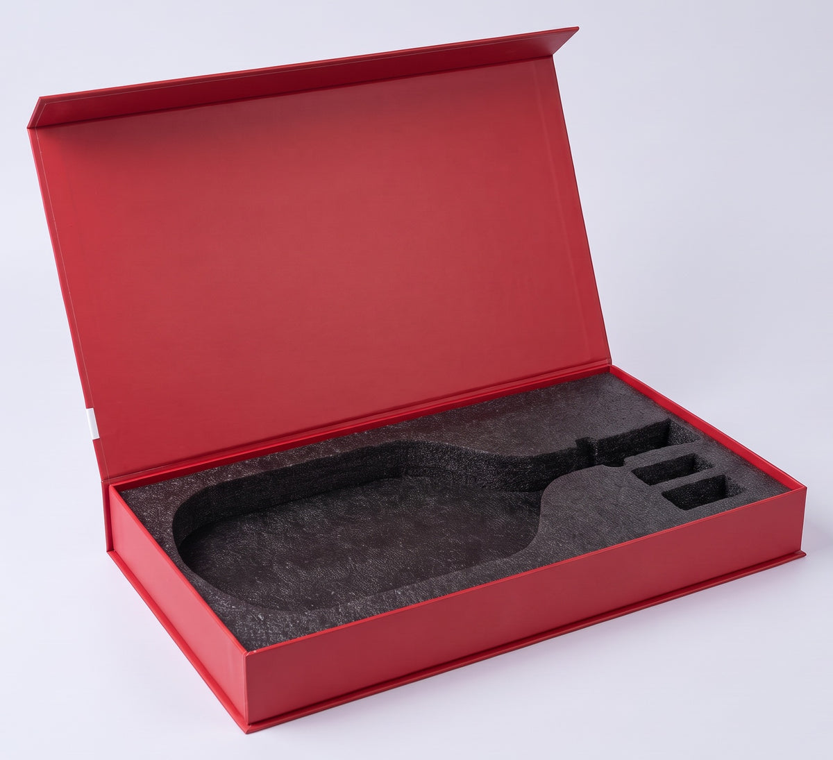 Single paddle presentation box, open, with the die-cut foam cradle and overgrip slots