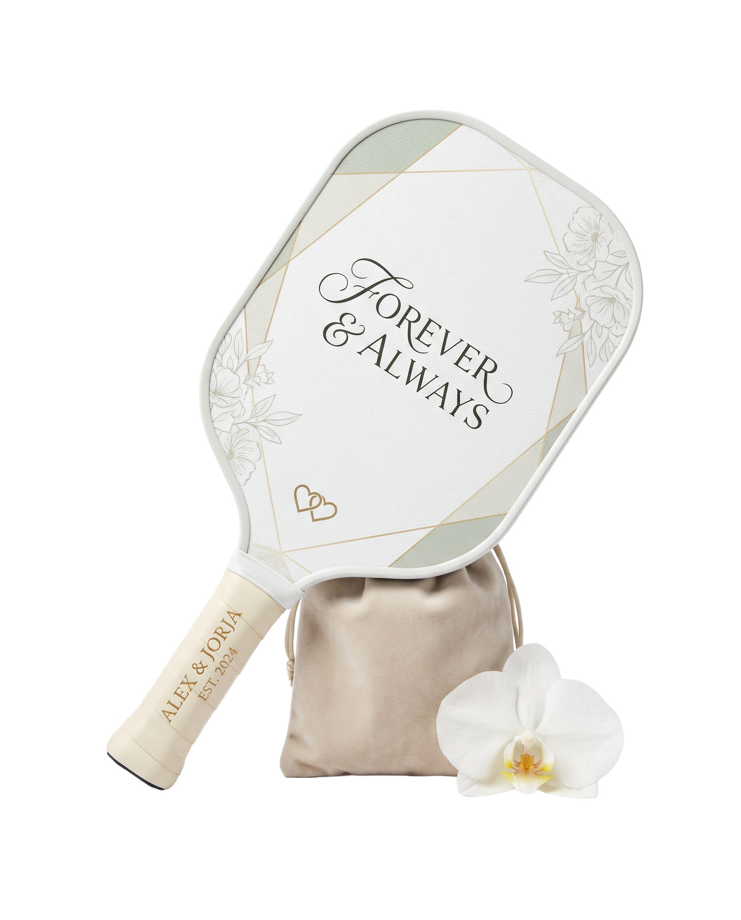 custom Pickleball paddle with 'Forever & Always' text and orchid on a white background